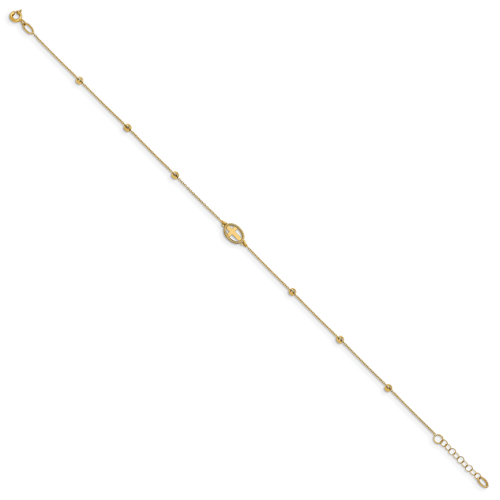 14K Oval Cross and Diamond-cut Beads 9.5 inch Plus 1 inch Extender - Total 10.5 inch Anklet