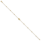 14K Oval Cross and Diamond-cut Beads 9.5 inch Plus 1 inch Extender - Total 10.5 inch Anklet