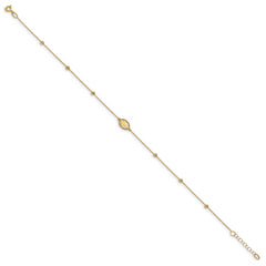 14K Oval Cross and Diamond-cut Beads 9.5 inch Plus 1 inch Extender - Total 10.5 inch Anklet