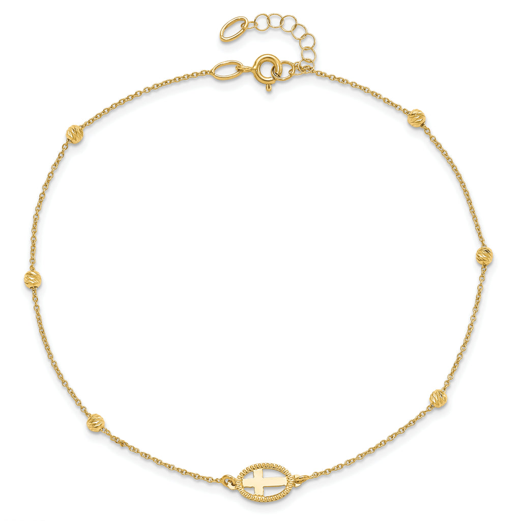 14K Oval Cross and Diamond-cut Beads 9.5 inch Plus 1 inch Extender - Total 10.5 inch Anklet