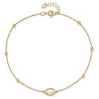 14K Oval Cross and Diamond-cut Beads 9.5 inch Plus 1 inch Extender - Total 10.5 inch Anklet