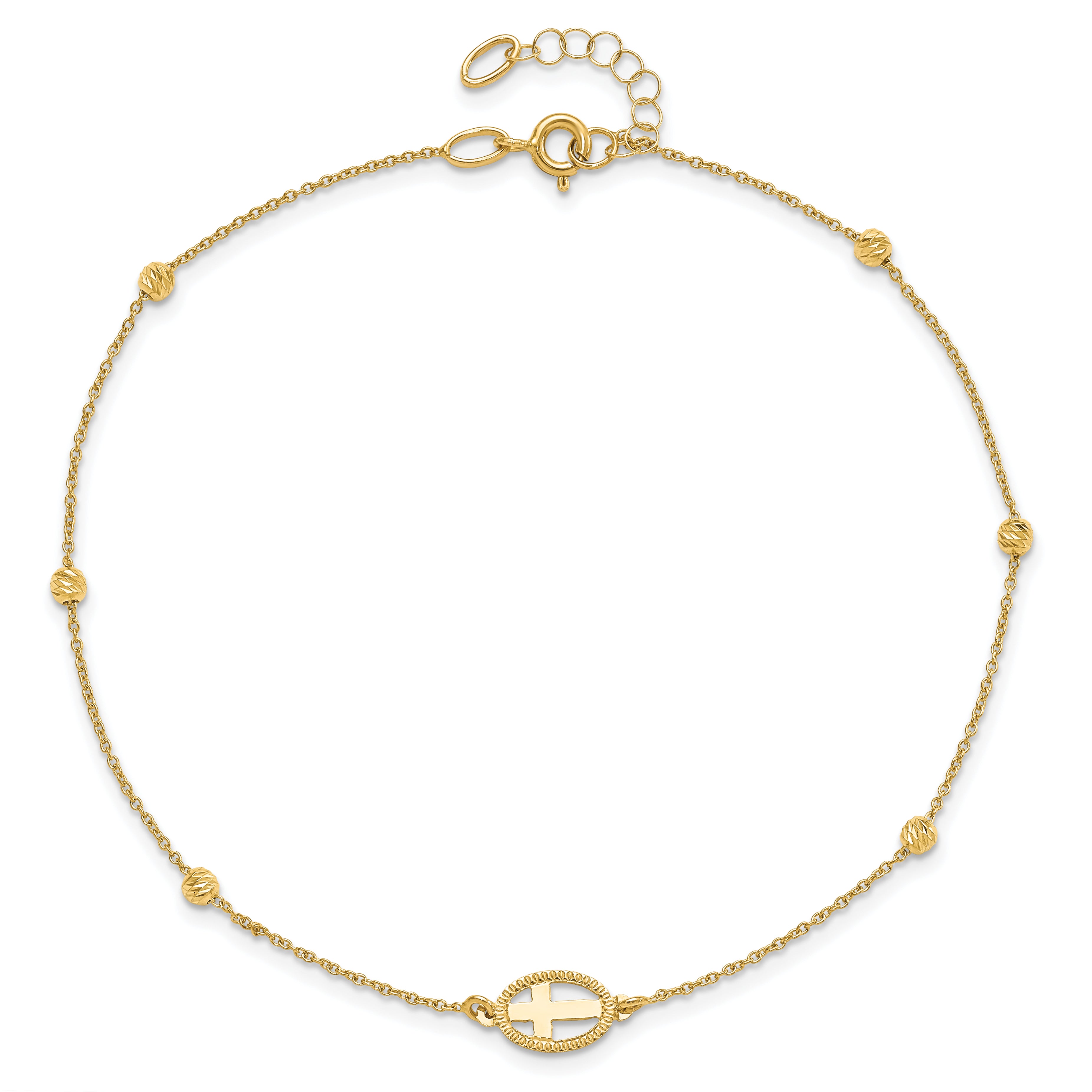 14K Oval Cross and Diamond-cut Beads 9.5 inch Plus 1 inch Extender - Total 10.5 inch Anklet
