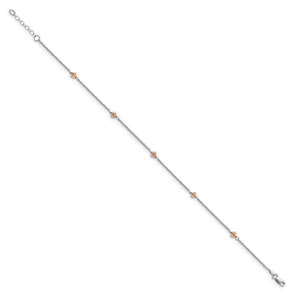 14K White and Rose Gold Polished D/C Beaded With 1in ext. Anklet