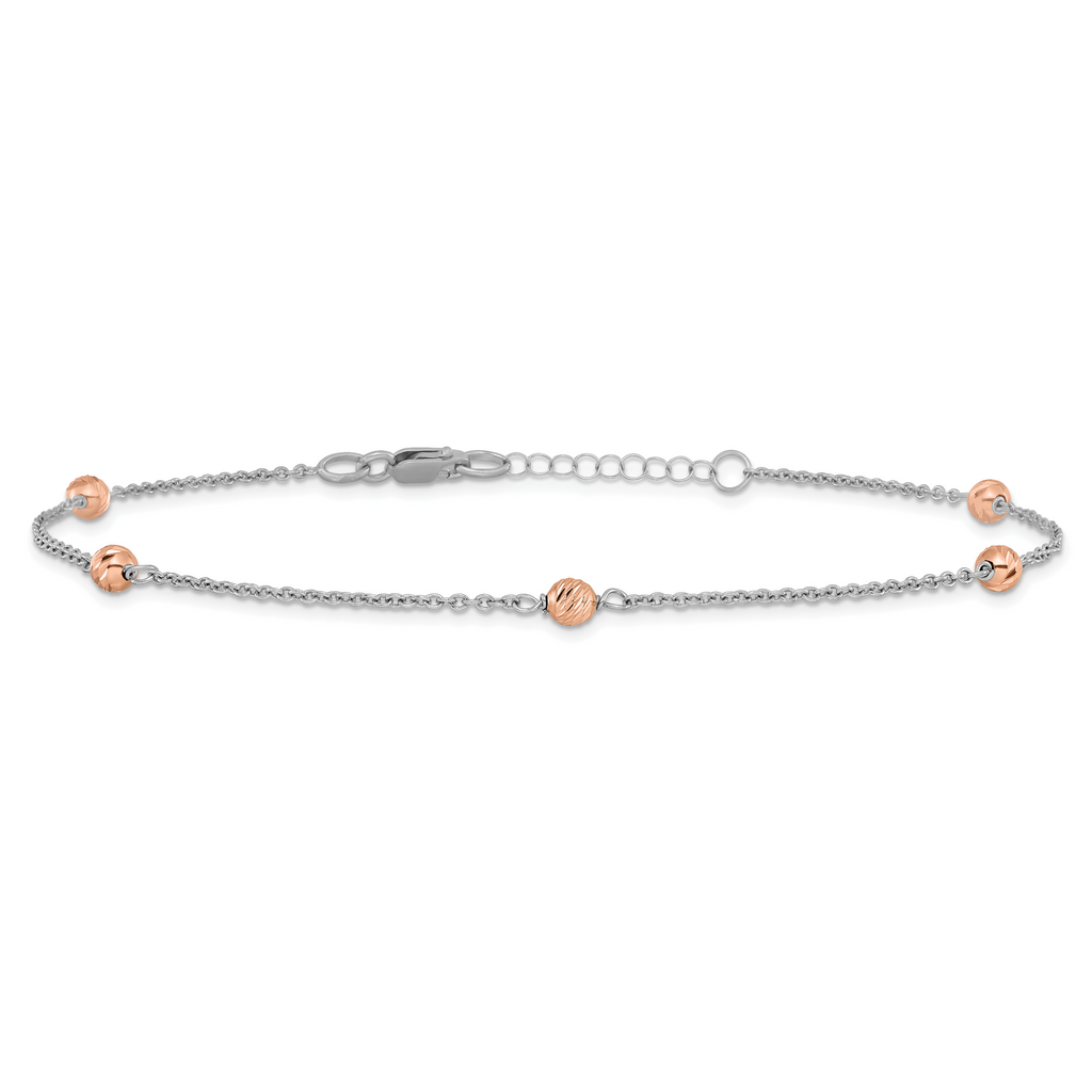 14K White and Rose Gold Polished D/C Beaded With 1in ext. Anklet