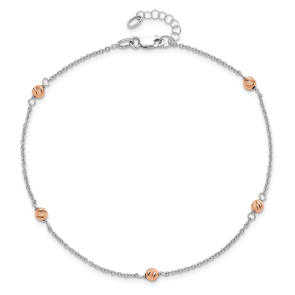 14K White and Rose Gold Polished D/C Beaded w/1in ext. Anklet