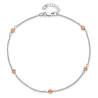 14K White and Rose Gold Polished D/C Beaded w/1in ext. Anklet