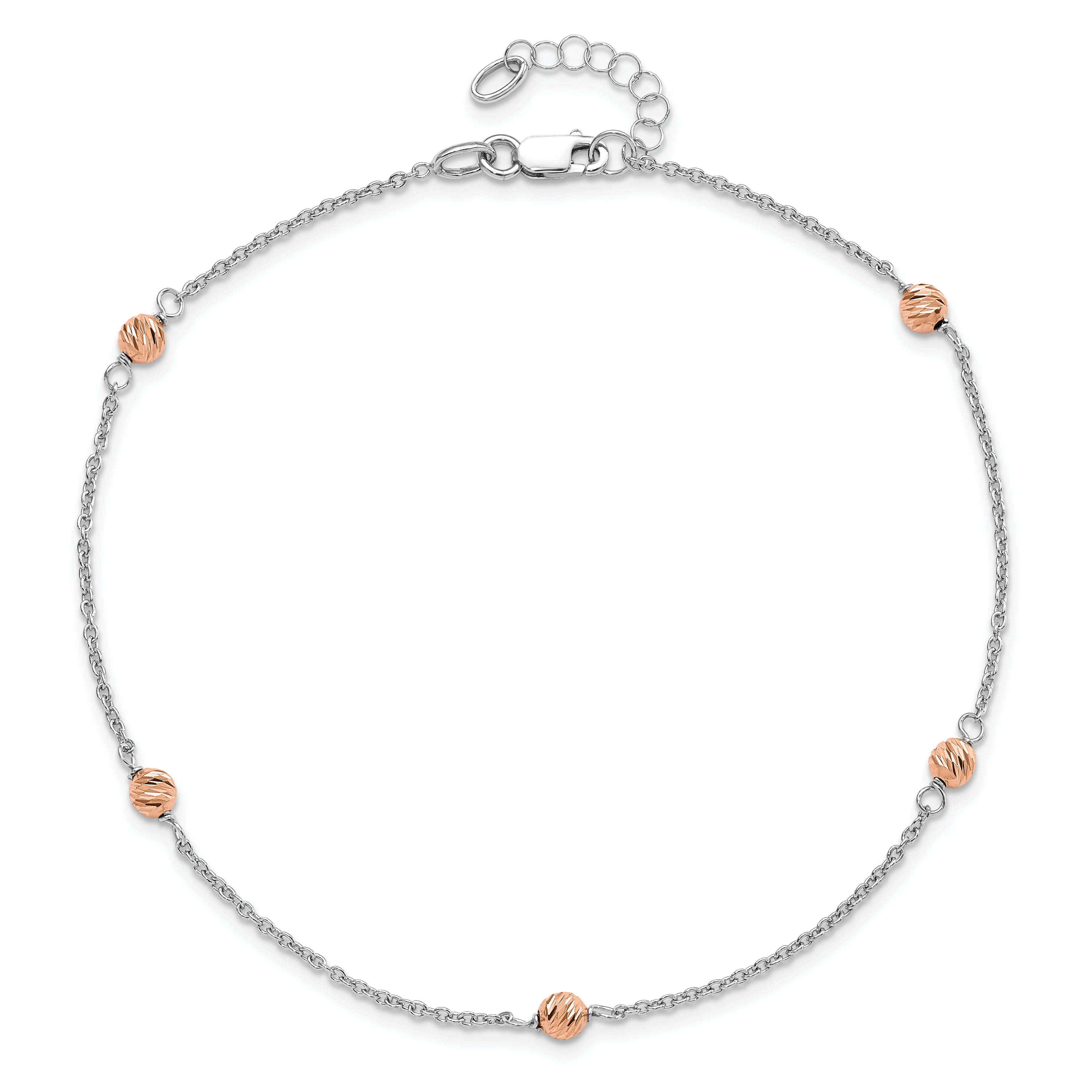 14K White and Rose Gold Polished D/C Beaded w/1in ext. Anklet