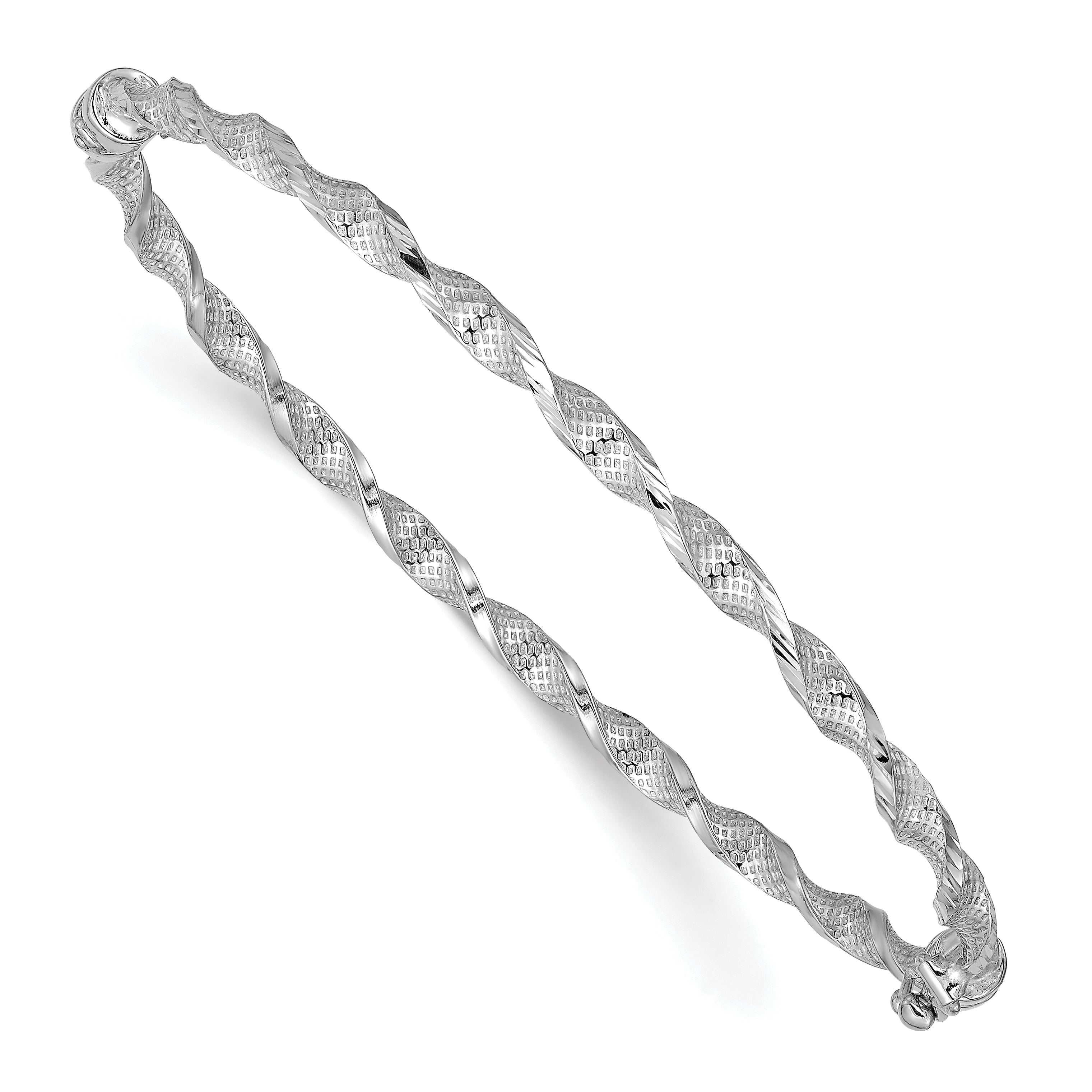 14K with White Rhodium-Platedodium Plating Polished Textured Twisted Hinged Bangle