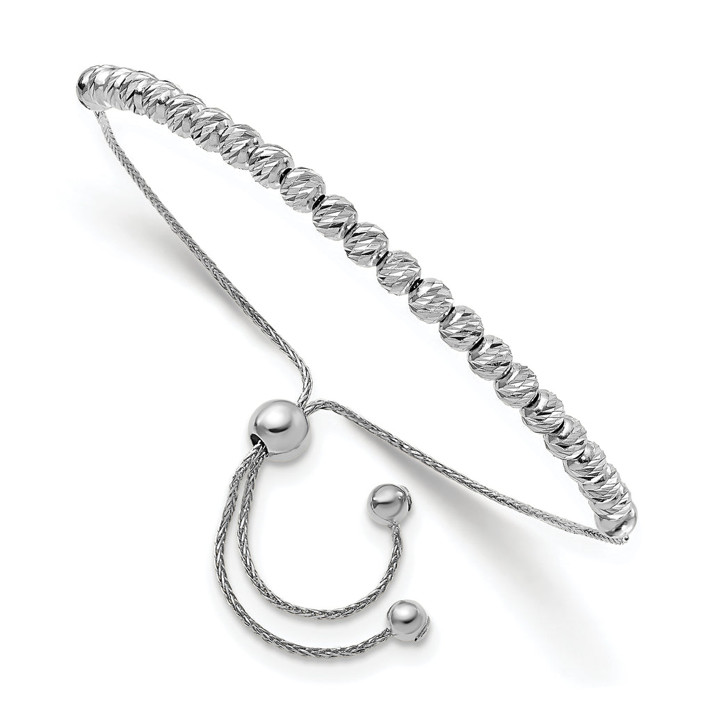 14K White Gold Polished D/C Beaded Bolo Adj. Bracelet