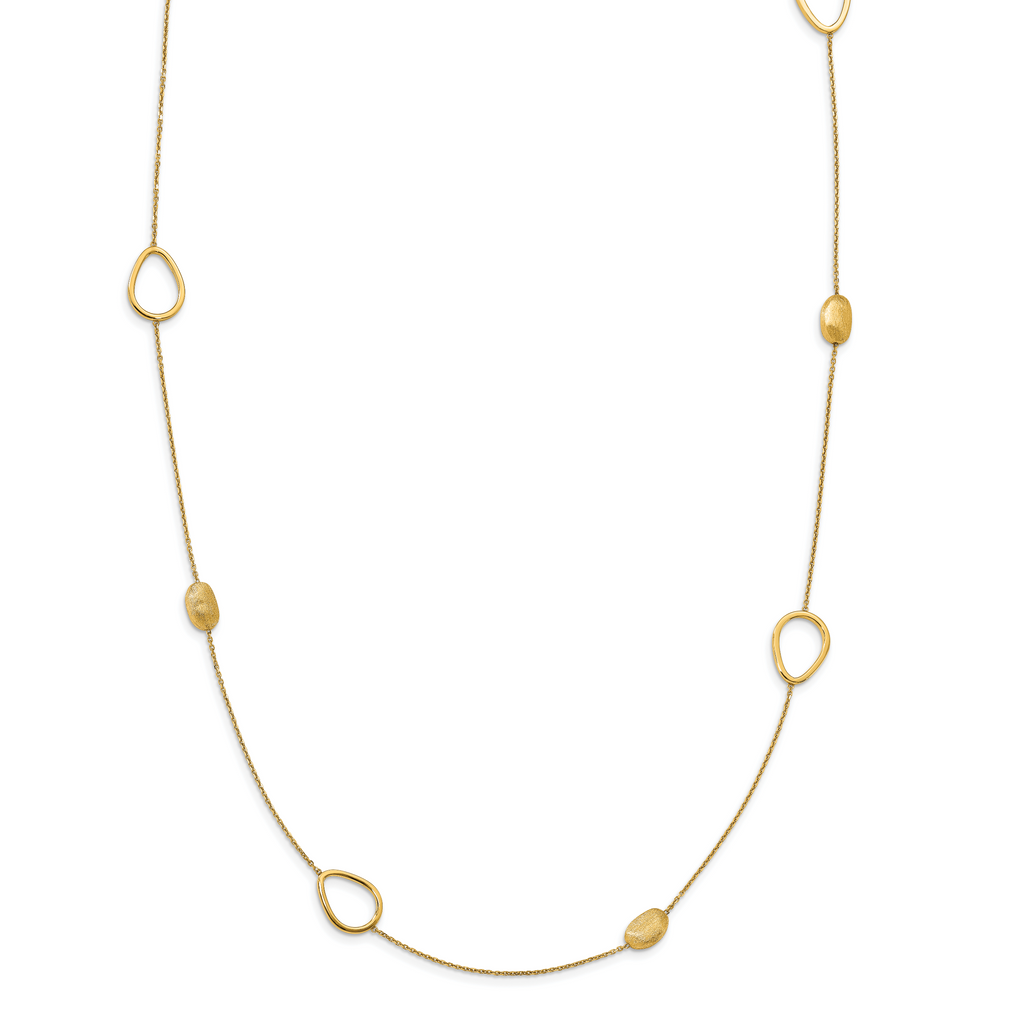 14K Polished and Scratch-finish Beaded Necklace