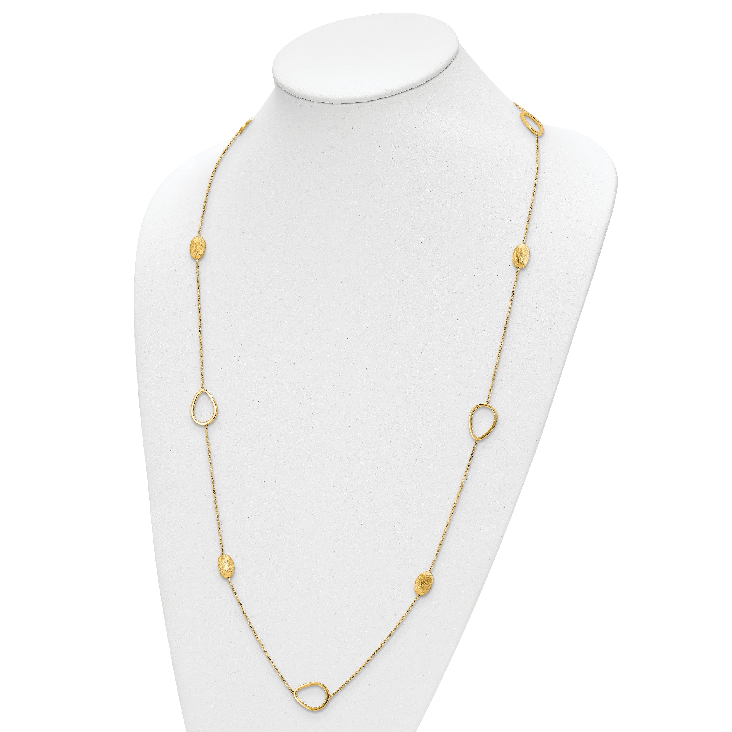 14K Polished and Scratch-finish Beaded Necklace