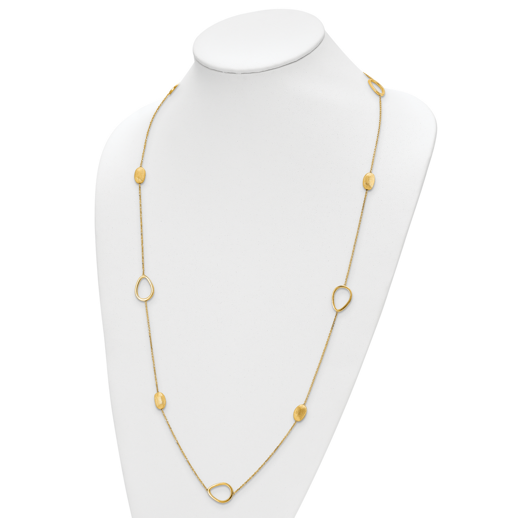 14K Polished and Scratch-finish Beaded Necklace