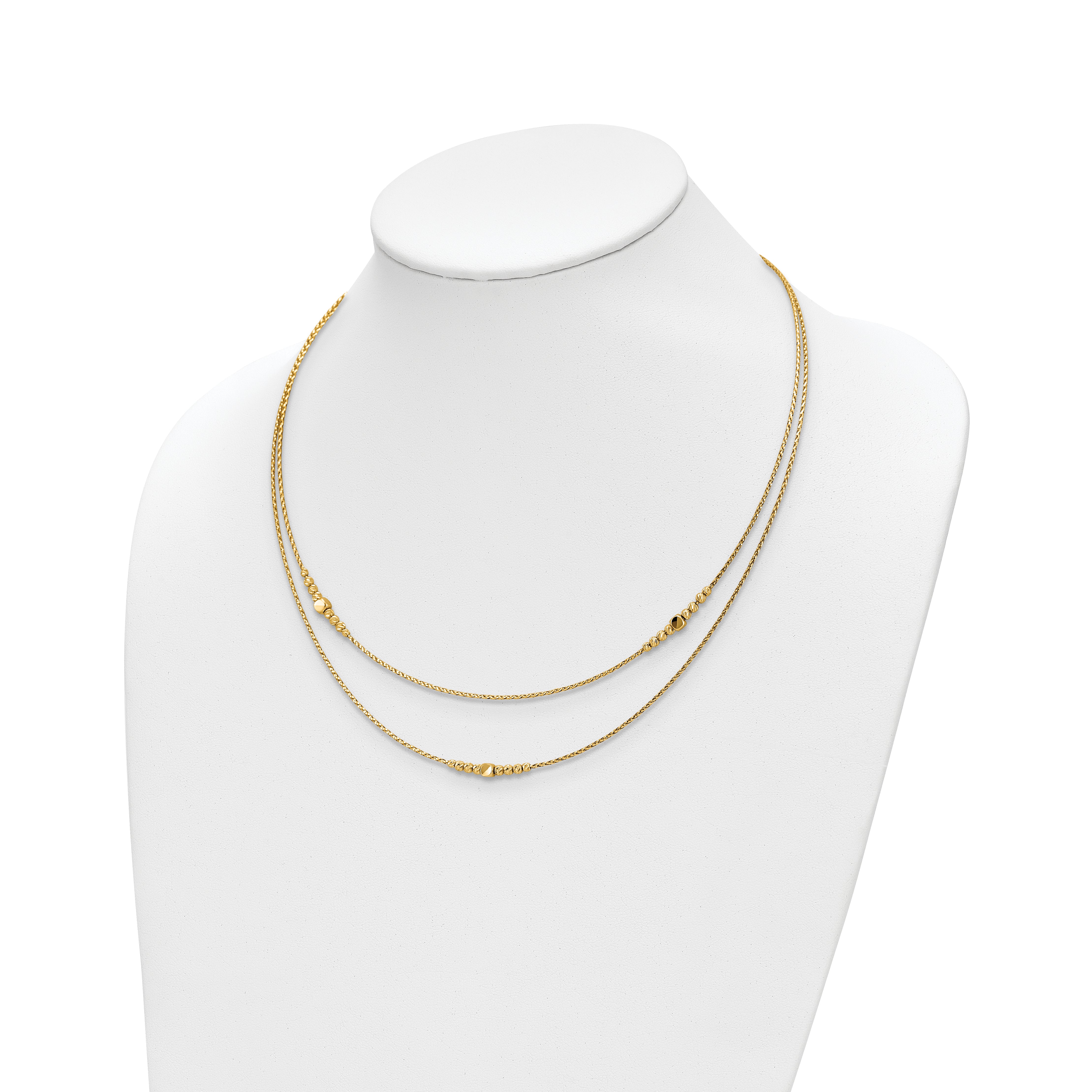 14K Polished D/C Beaded 2-strand w/ .75in ext Necklace