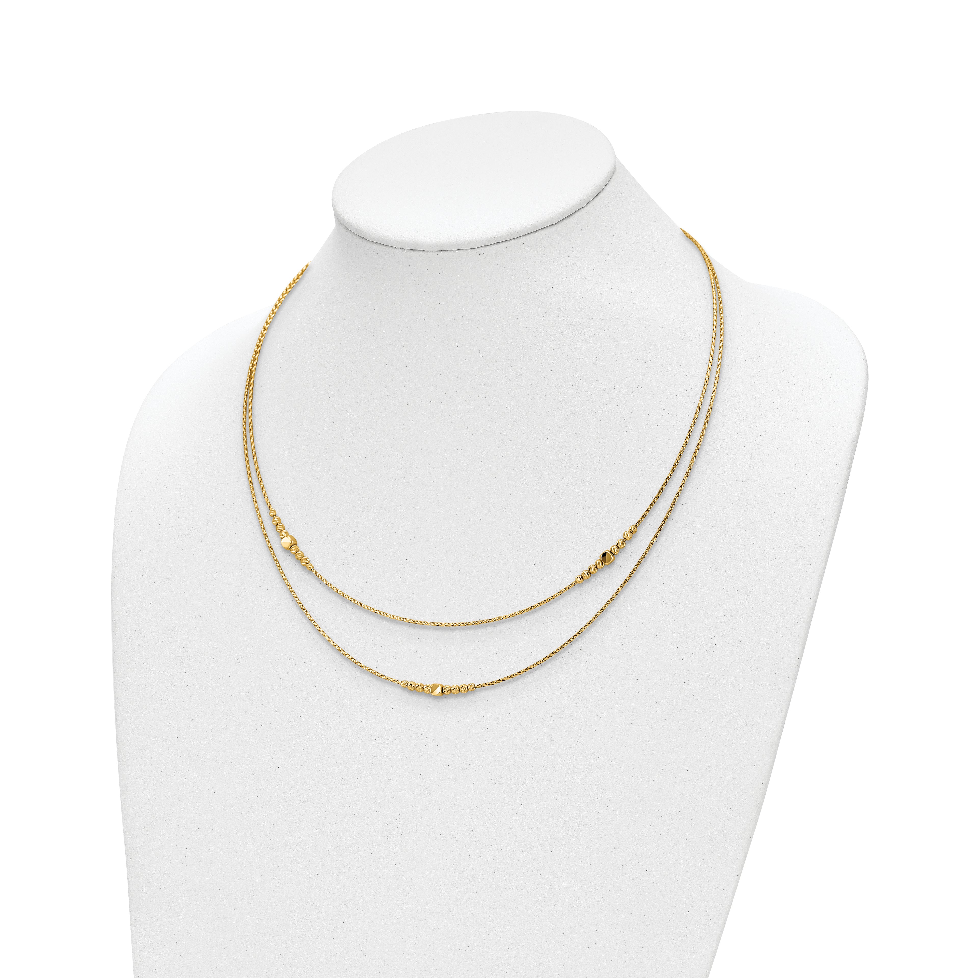 14K Polished D/C Beaded 2-strand w/ .75in ext Necklace