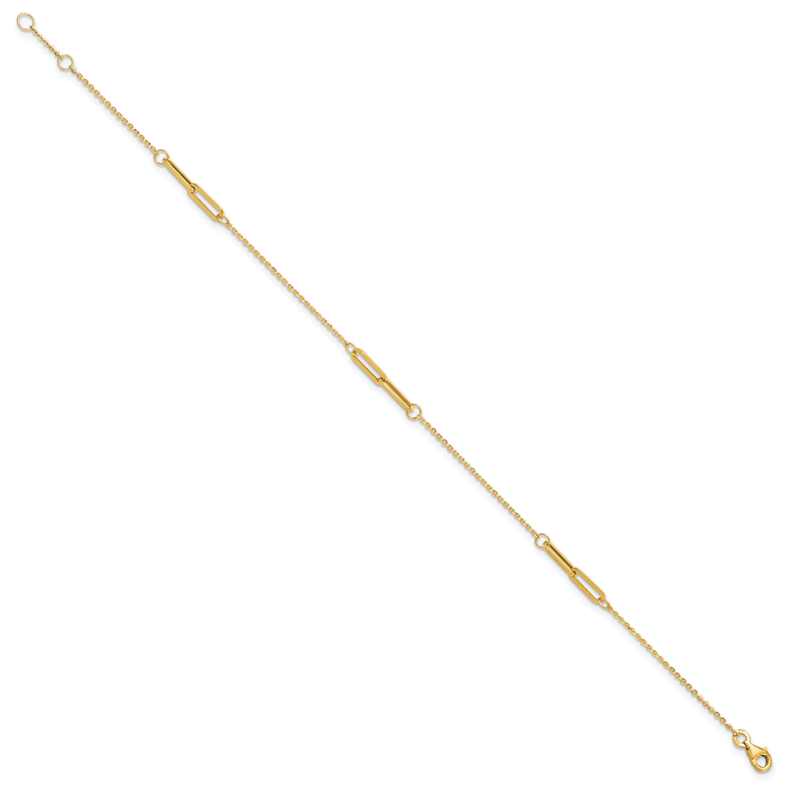 14K Paperclip Link 3-Station 9 inch Plus 0.5 inch Extender - Total 9.5 inch Anklet