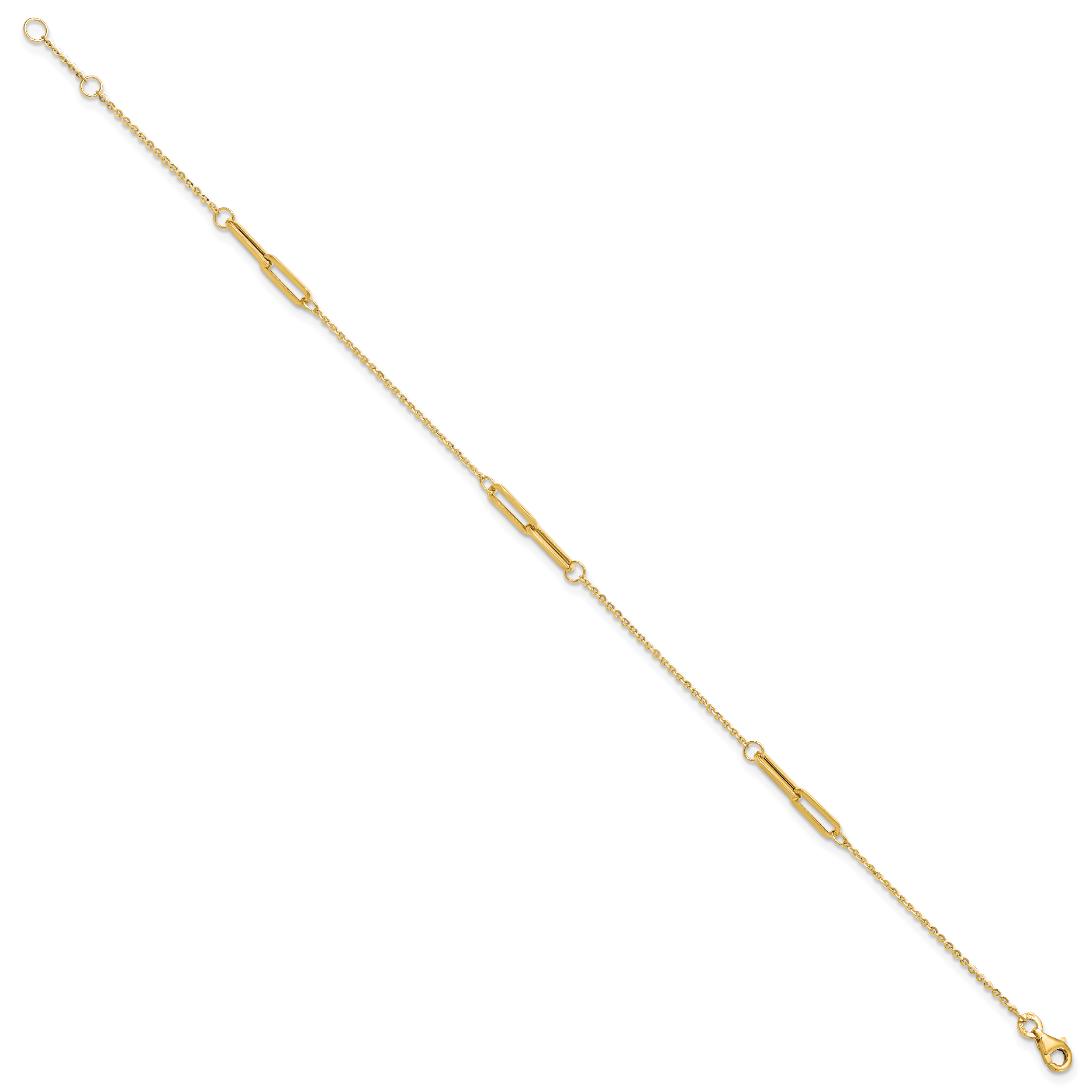 14K Paperclip Link 3-Station 9 inch Plus 0.5 inch Extender - Total 9.5 inch Anklet