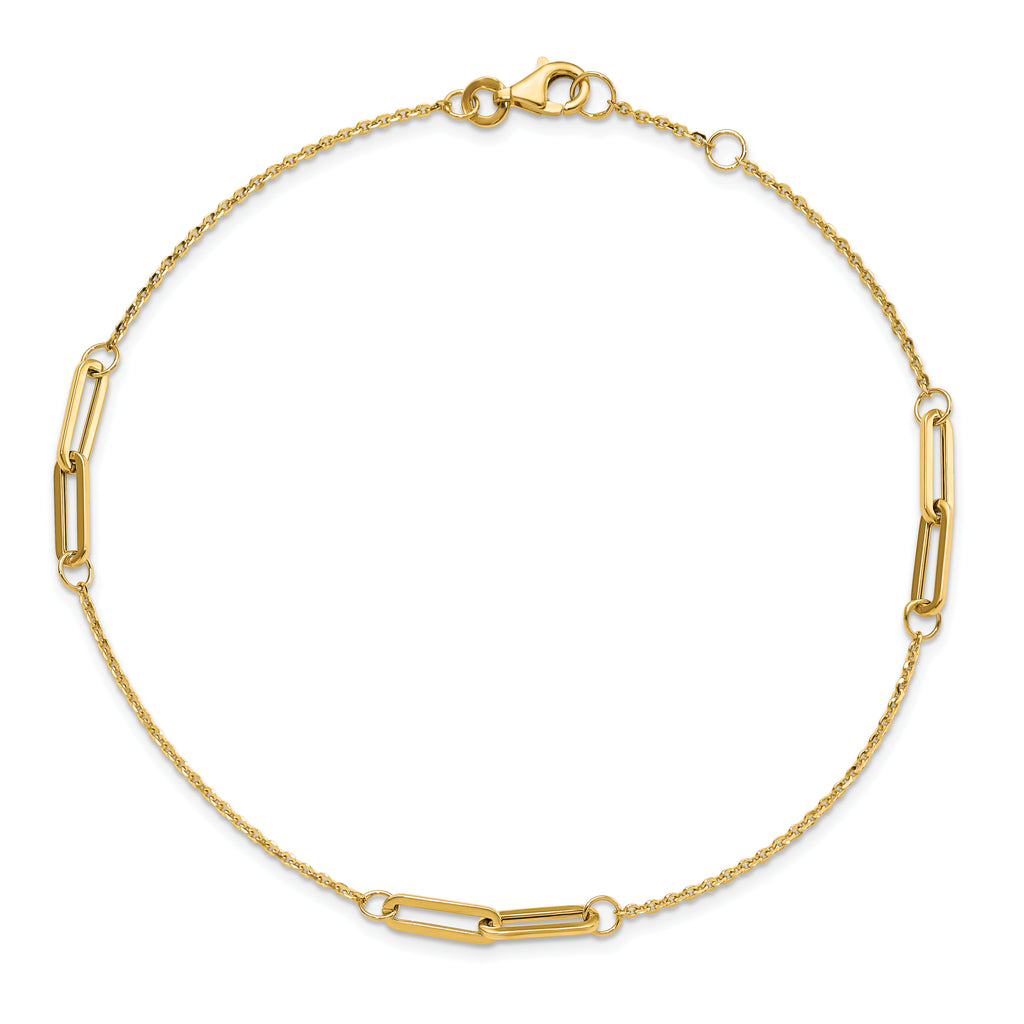 14K Paperclip Link 3-Station 9 inch Plus 0.5 inch Extender - Total 9.5 inch Anklet