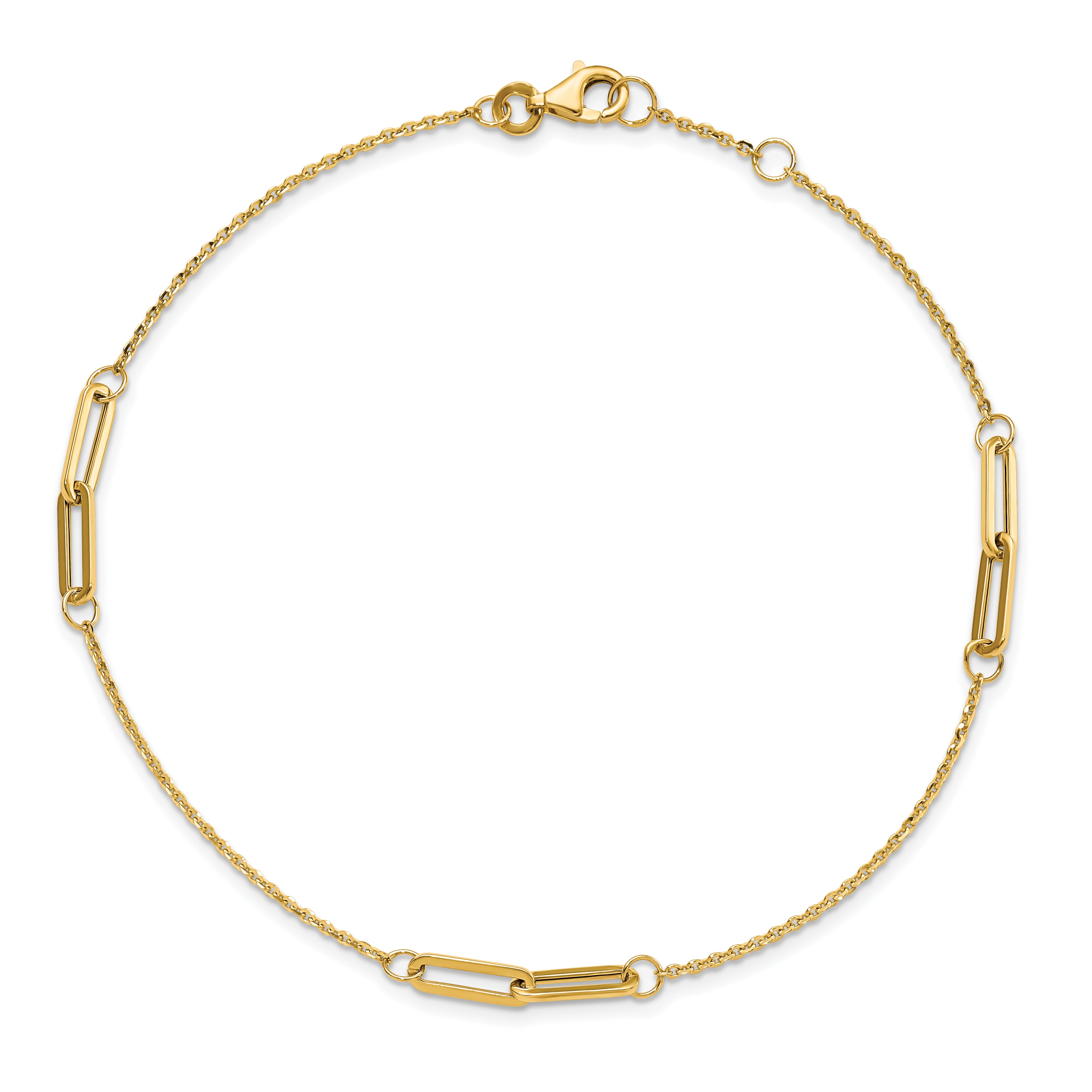 14K Paperclip Link 3-Station 9 inch Plus 0.5 inch Extender - Total 9.5 inch Anklet