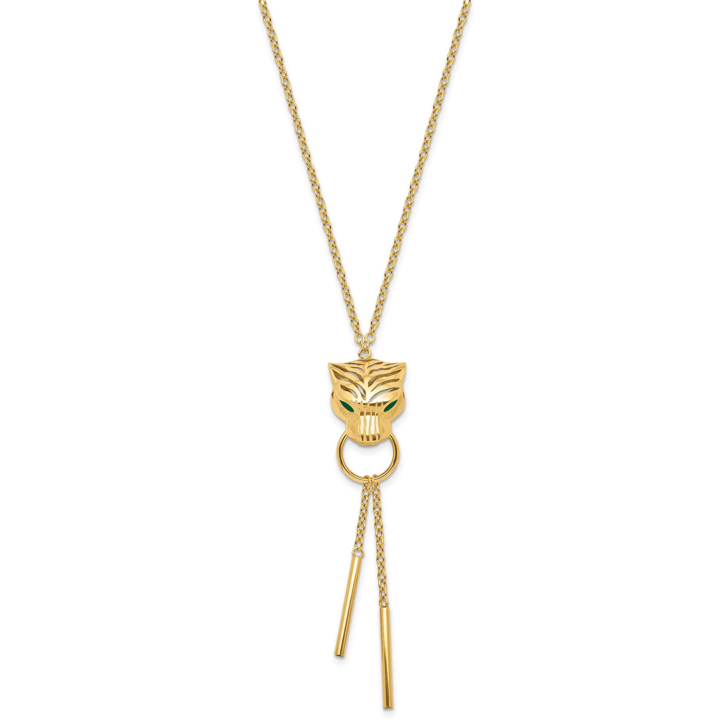 14k Polished Green Enamel Tiger Y-drop Necklace