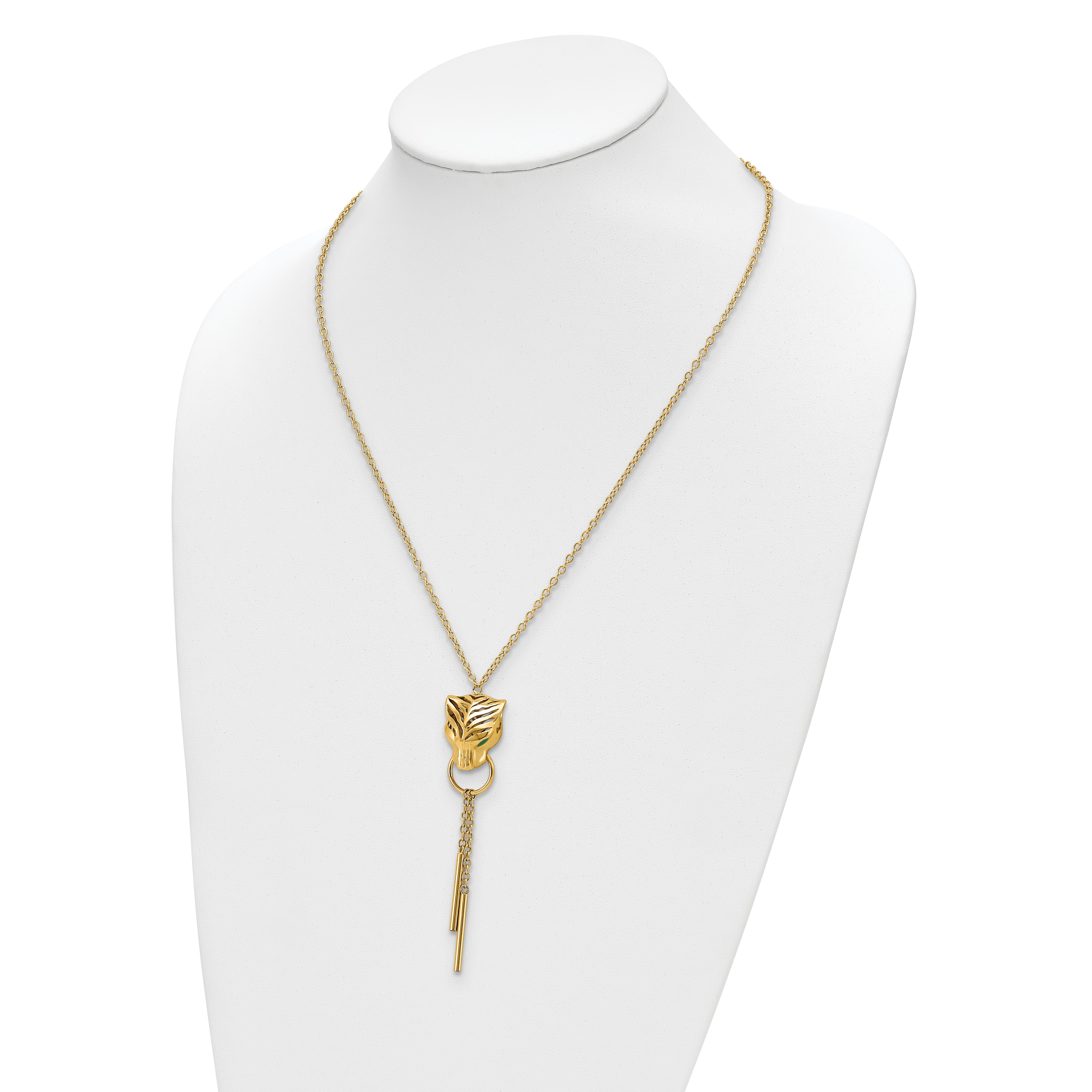 14k Polished Green Enamel Tiger Y-drop Necklace