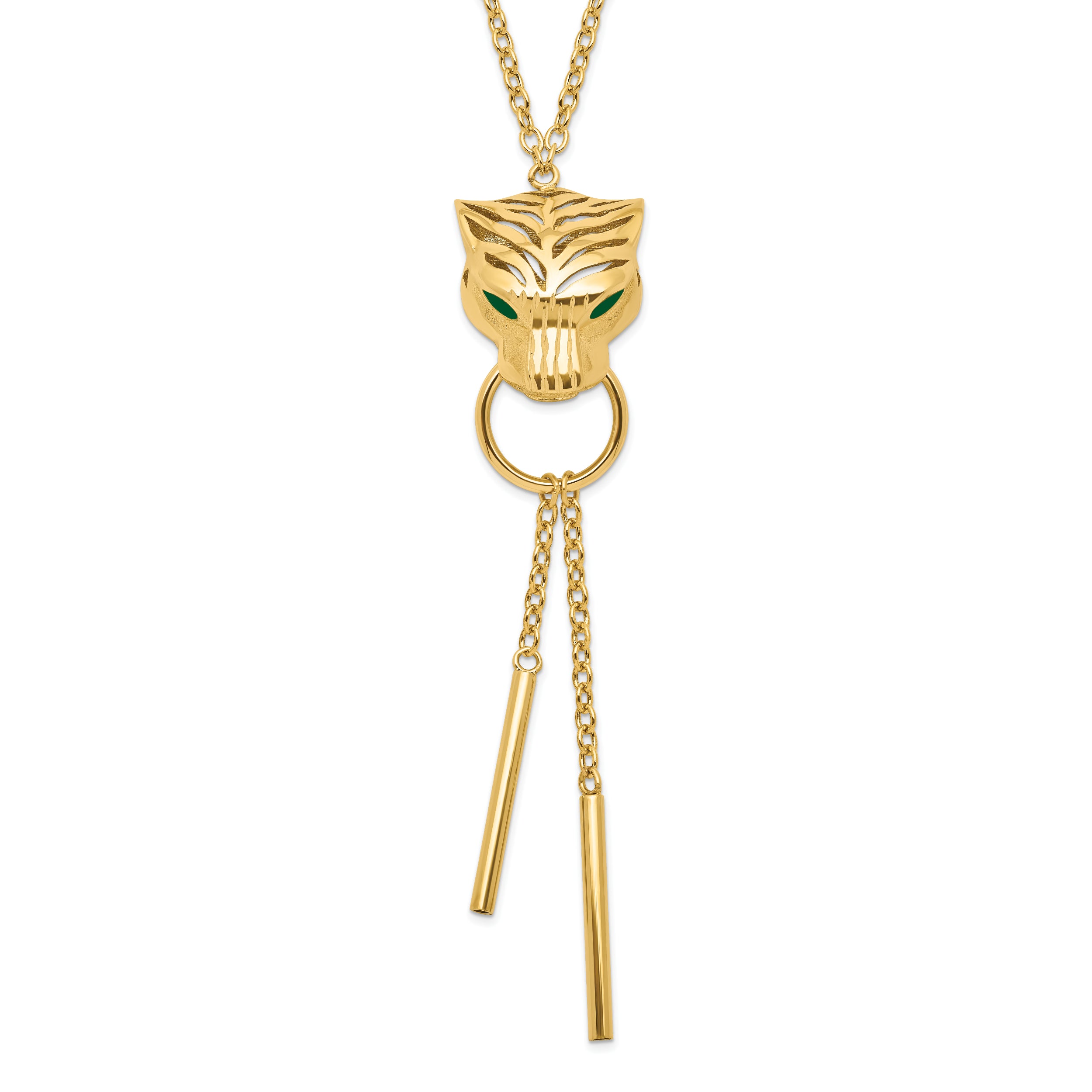 14k Polished Green Enamel Tiger Y-drop Necklace