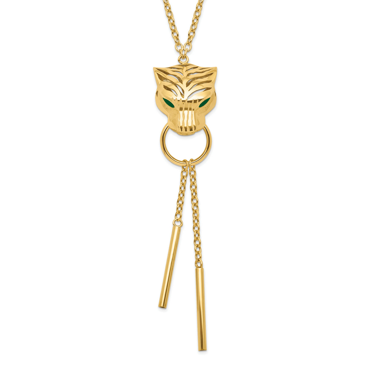 14k Polished Green Enamel Tiger Y-drop Necklace