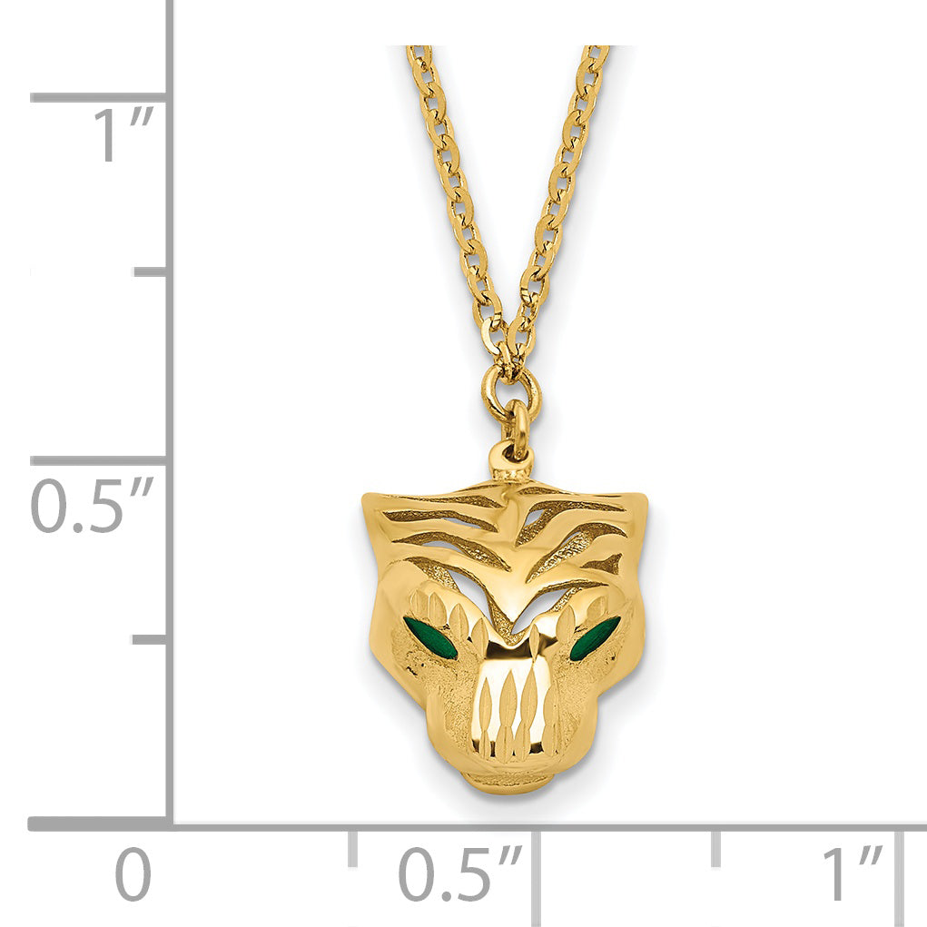 14k Polished D/C Green Enamel Tiger Necklace