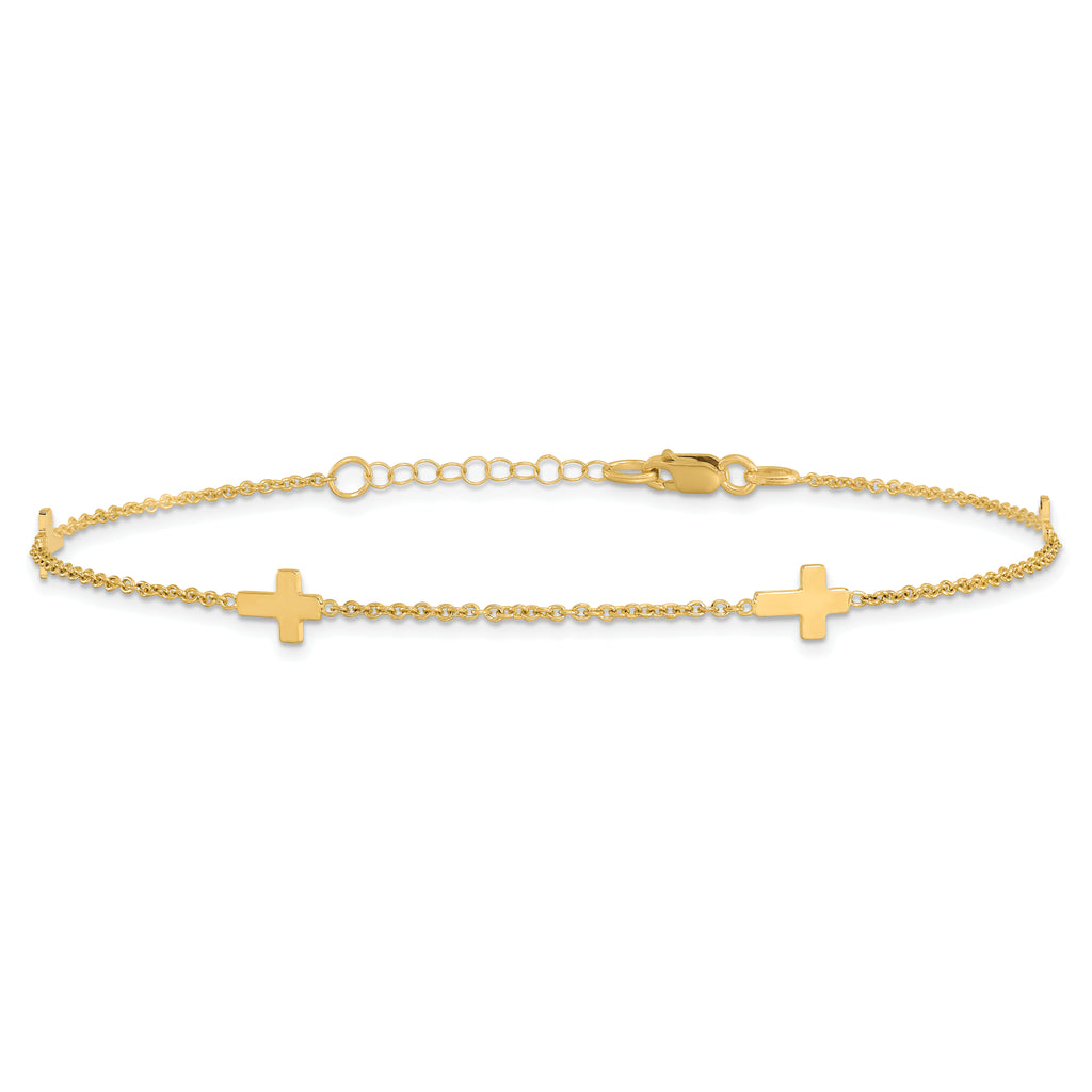 14k Polished Cross 9in w/ 1in ext. Anklet