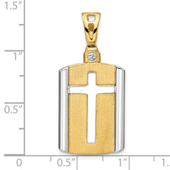 14K Two-tone Brushed Cross Dog Tag Pendant
