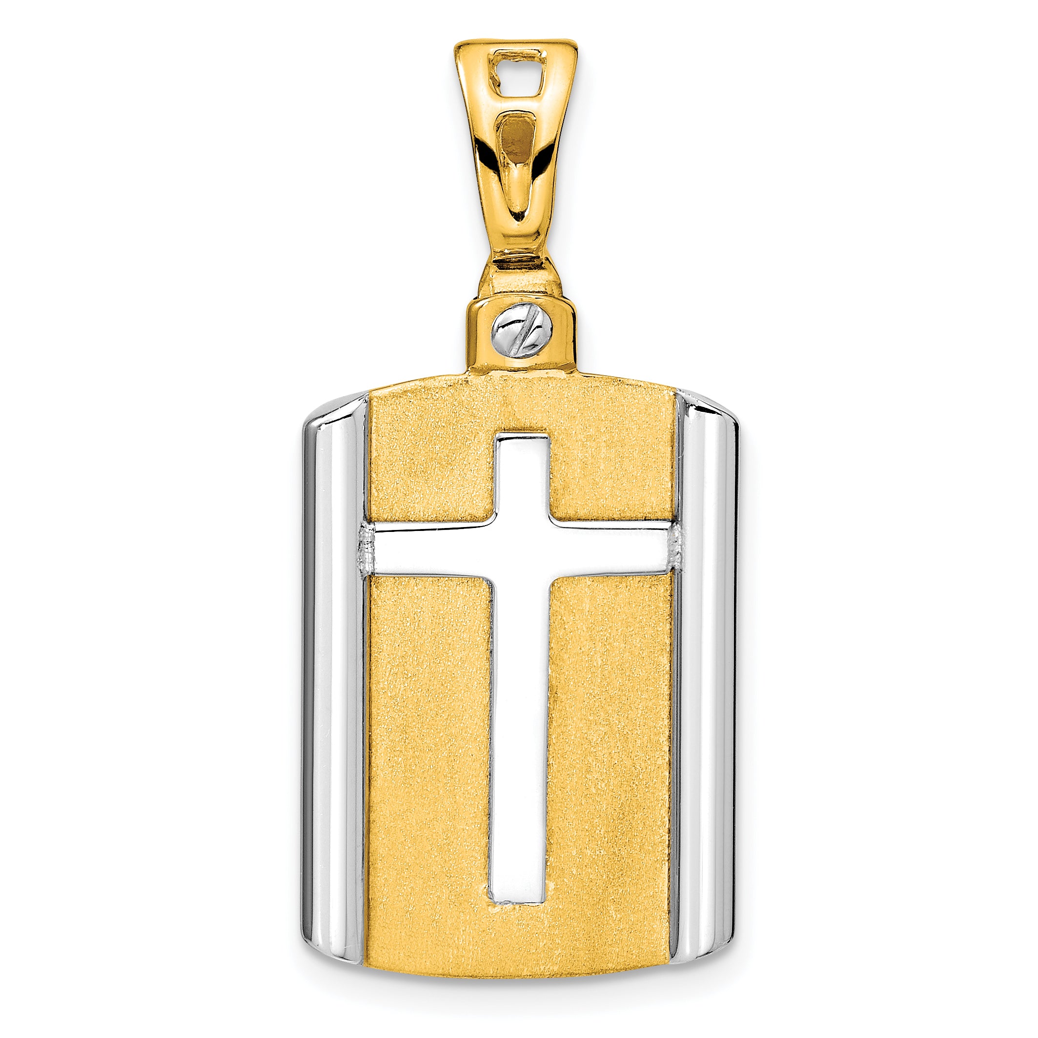 14K Two-tone Brushed Cross Dog Tag Pendant