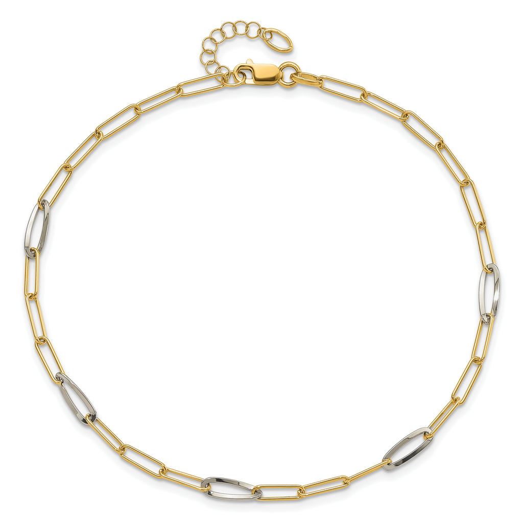 14K Two-tone Paperclip Link 9 inch Plus 1 inch Extender - Total 10 inch Anklet