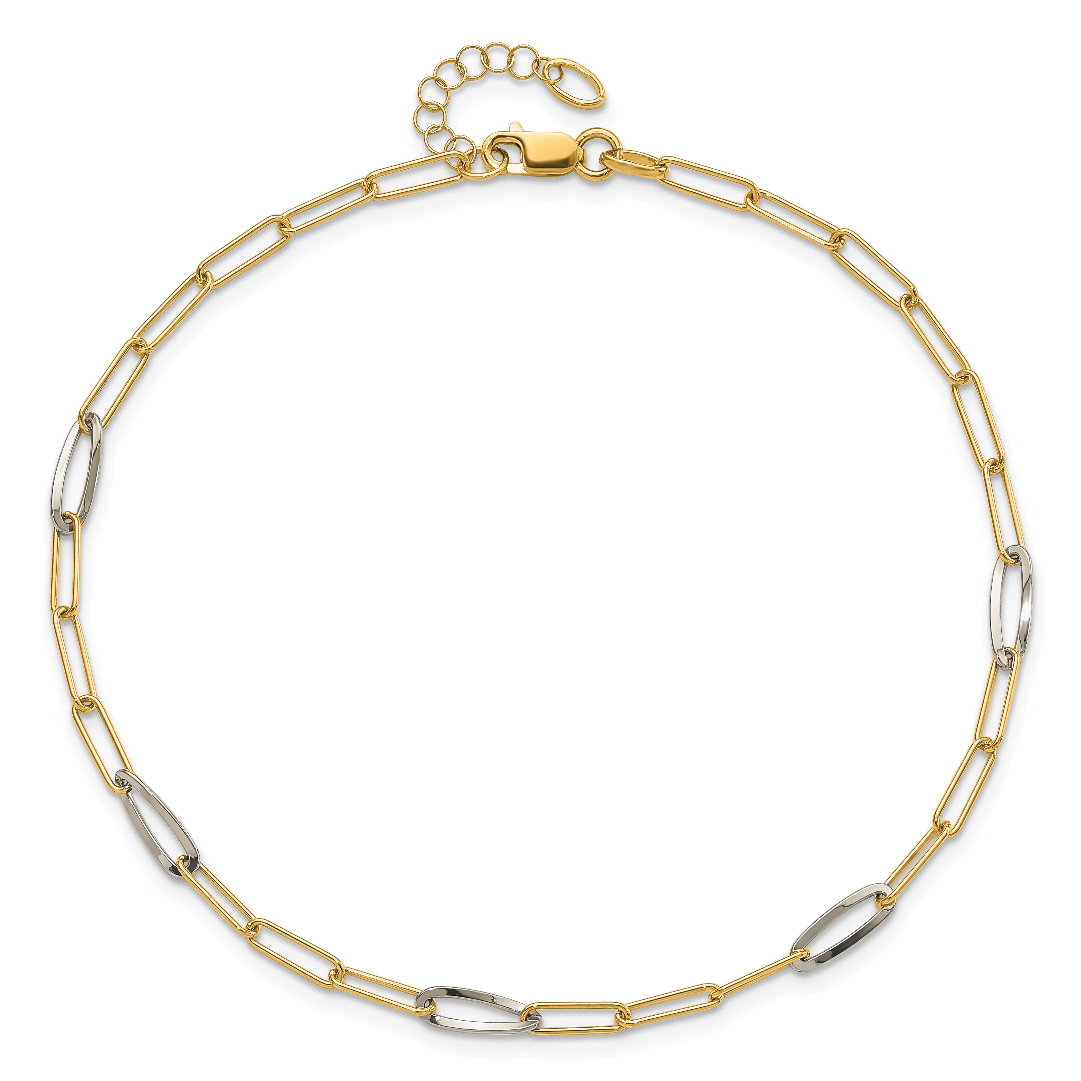 14K Two-tone Paperclip Link 9 inch Plus 1 inch Extender - Total 10 inch Anklet