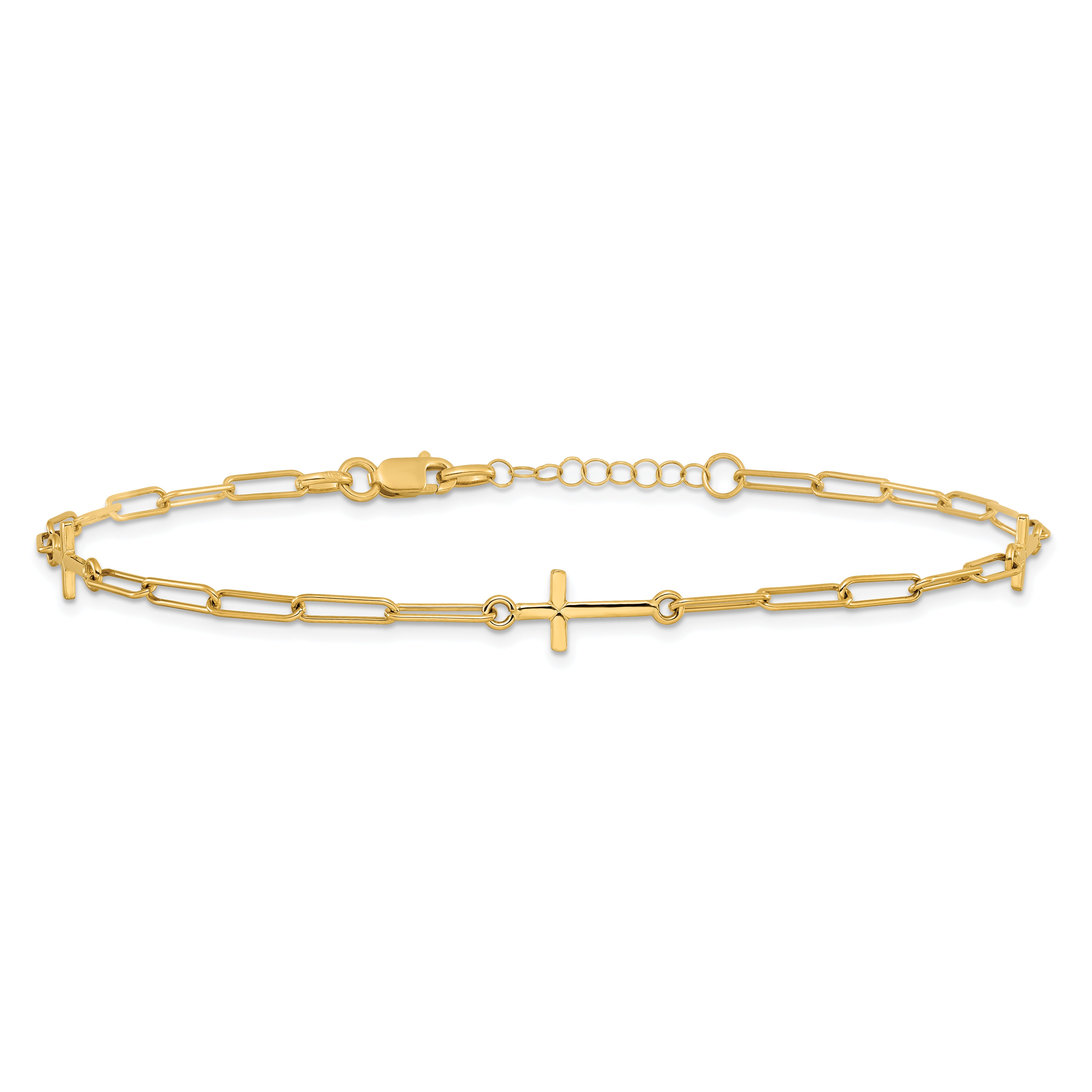 14K Cross and Paperclip Link 3-Station 9 inch Plus 1inch Extender - Total 10 inch Anklet