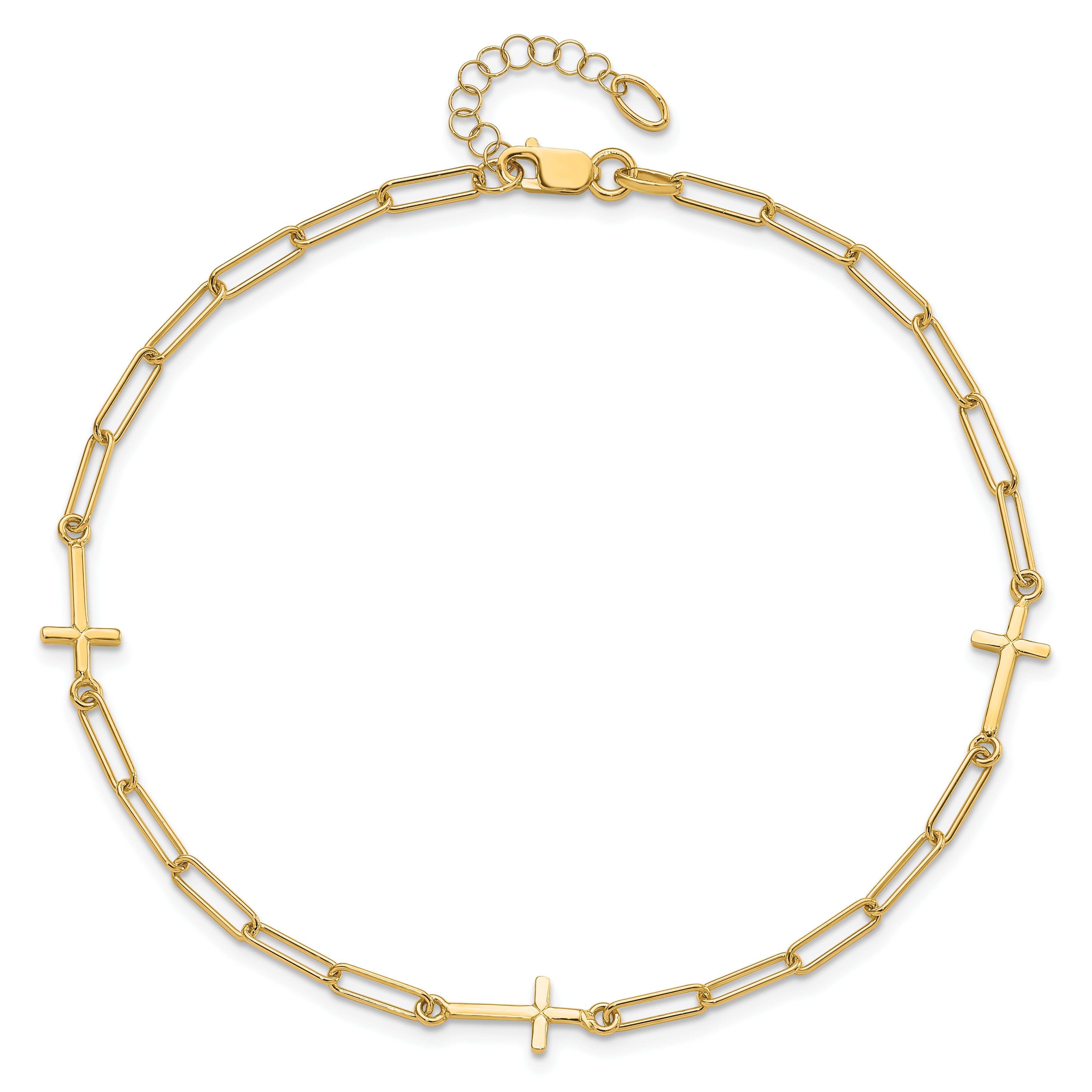 14K Cross and Paperclip Link 3-Station 9 inch Plus 1inch Extender - Total 10 inch Anklet