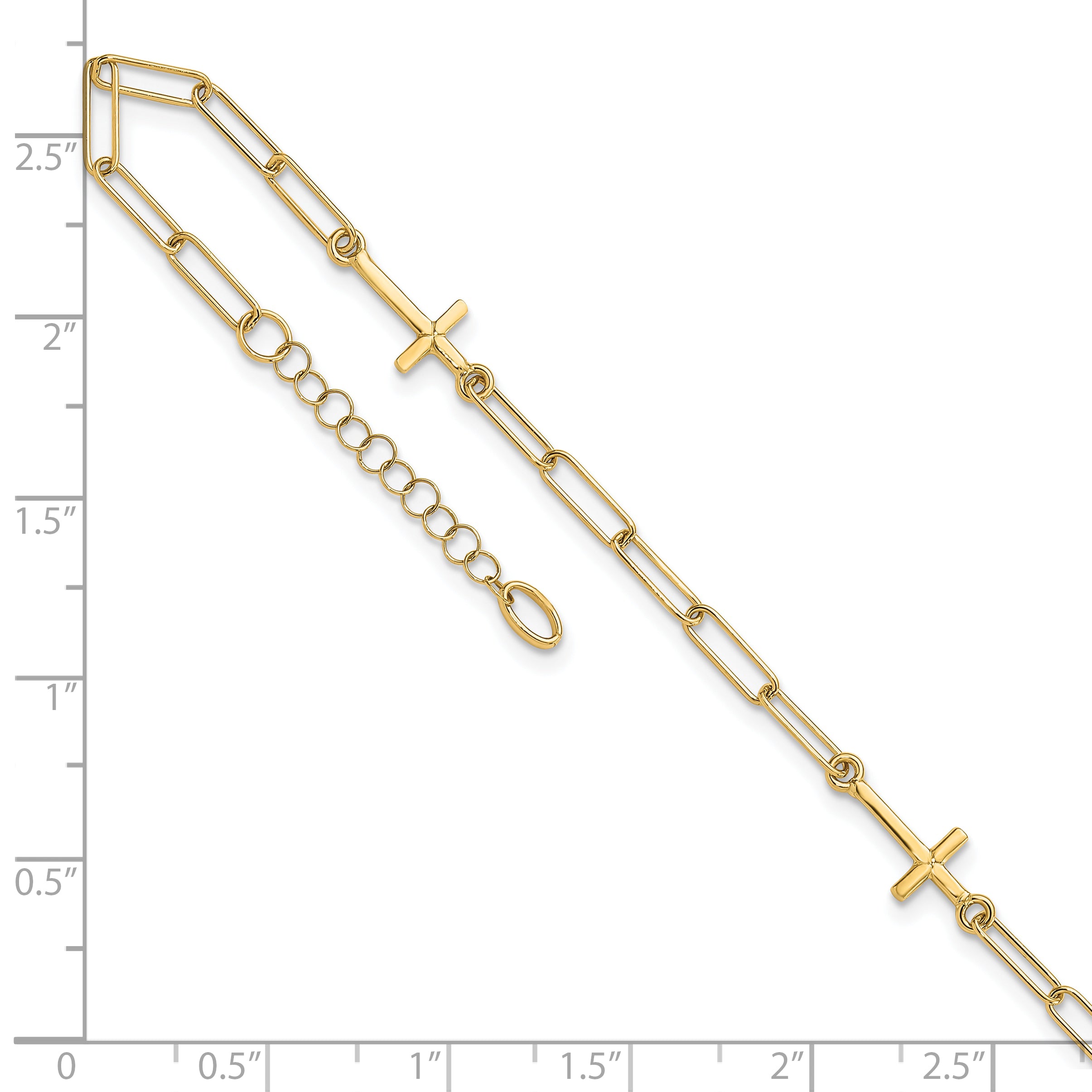 14K Cross and Paperclip Link 3-Station 9 inch Plus 1inch Extender - Total 10 inch Anklet
