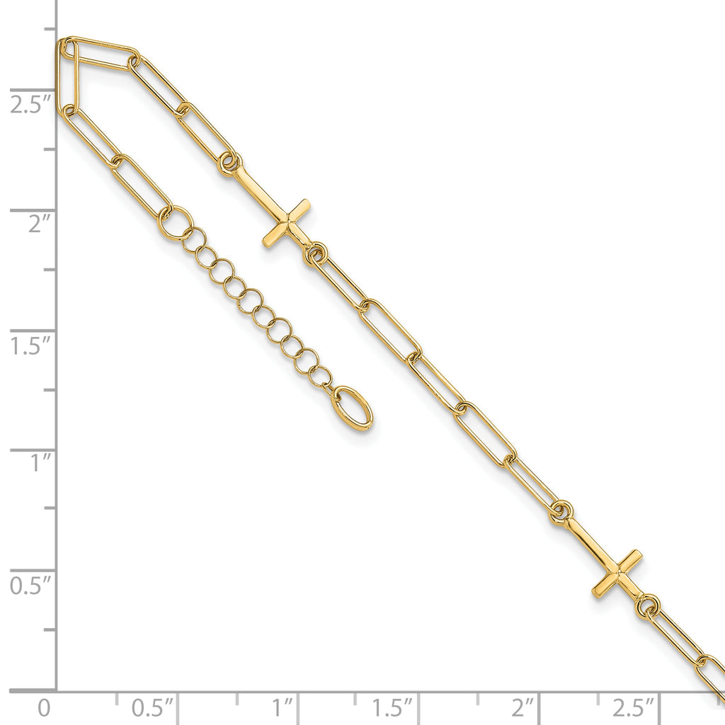 14K Cross and Paperclip Link 3-Station 9 inch Plus 1inch Extender - Total 10 inch Anklet