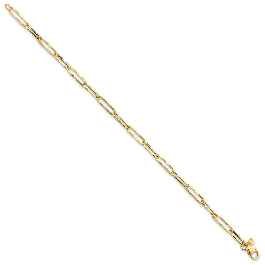 14K Polished and Textured Paperclip Link Bracelet