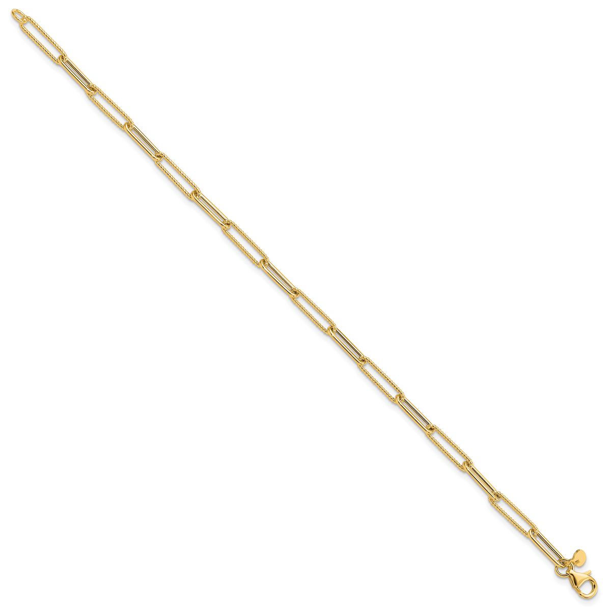14K Polished and Textured Paperclip Link Bracelet