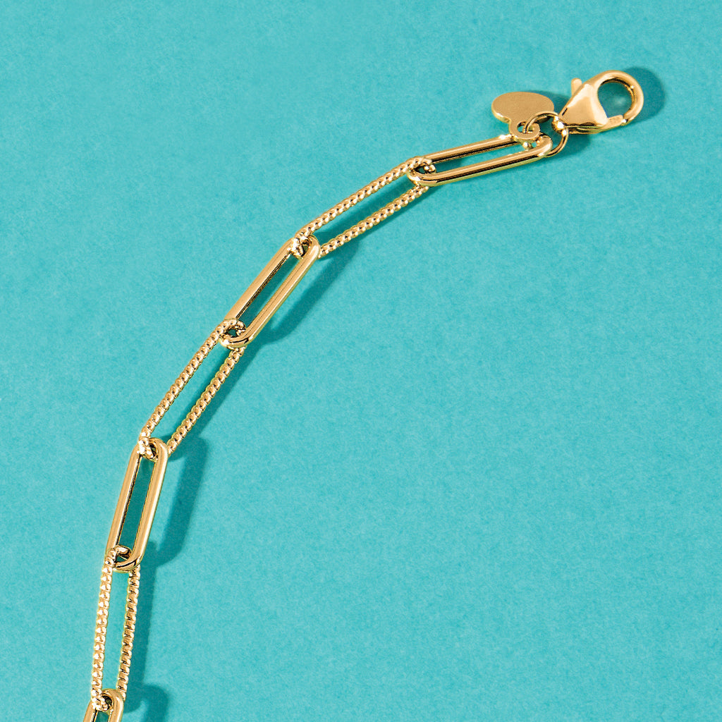 14K Polished and Textured Paperclip Link Bracelet