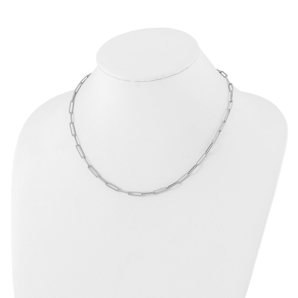 14K White Gold Polished / Textured Paperclip Link Necklace