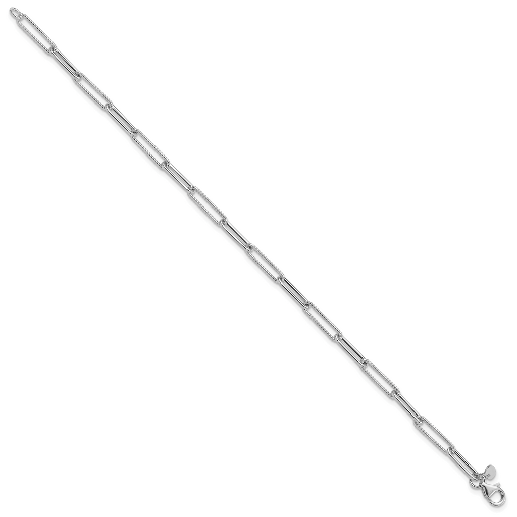 14K White Gold Polished / Textured Paperclip Link Bracelet