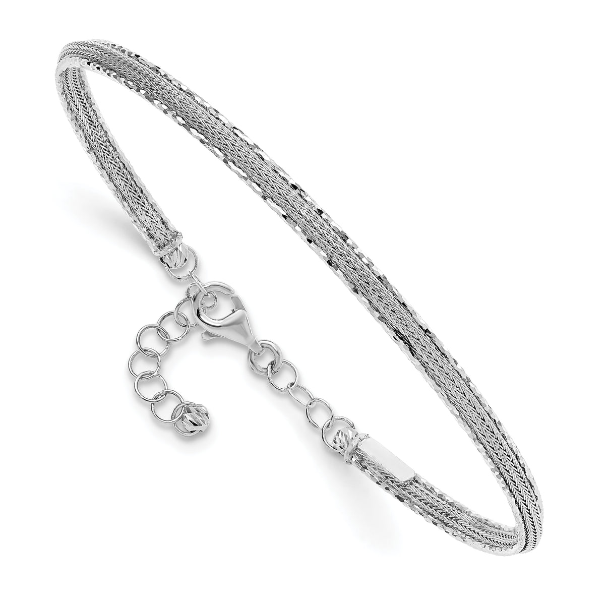 14K White Gold Dia-cut and Textured with Safety Chain Bangle