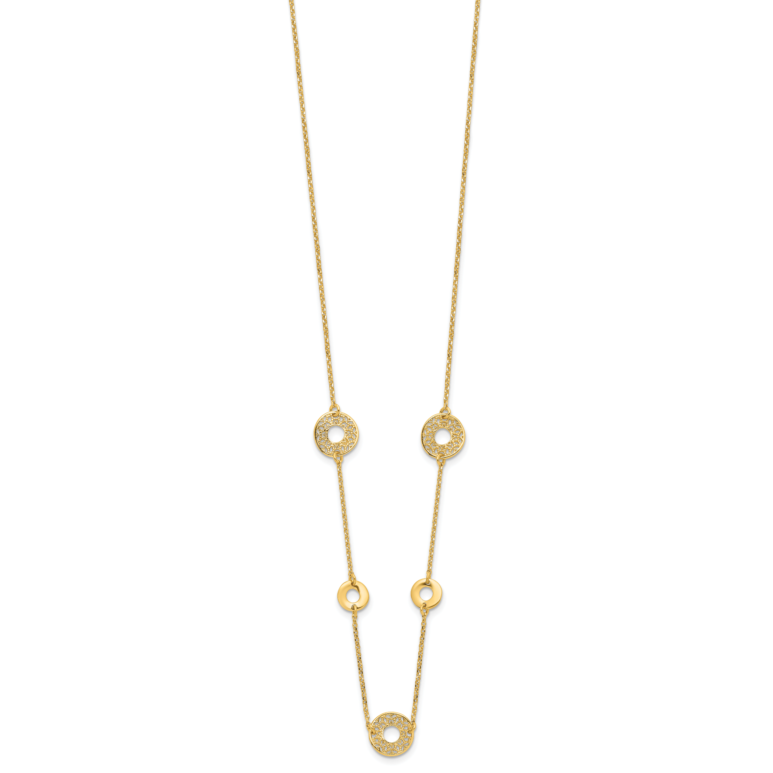 14K Polished and Filigree Circle Stations with 1in. ext. Necklace Secondary image