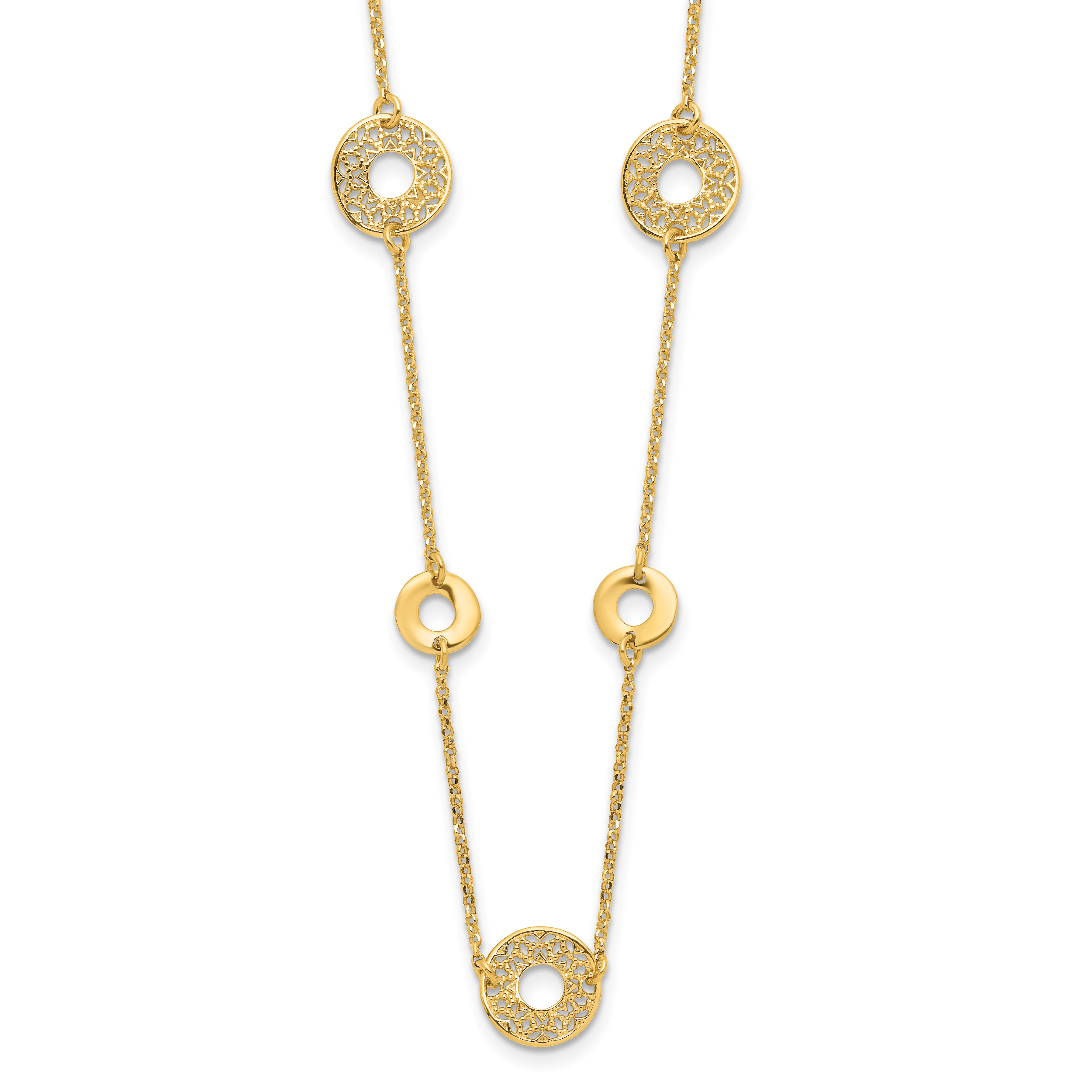 14K Polished and Filigree Circle Stations with 1in. ext. Necklace Main image
