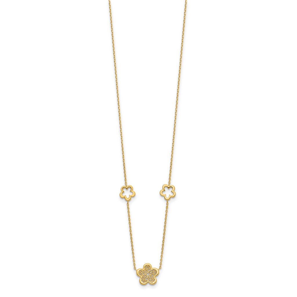 14K Polished and Filigree Flower Stations with 1in. ext. Necklace