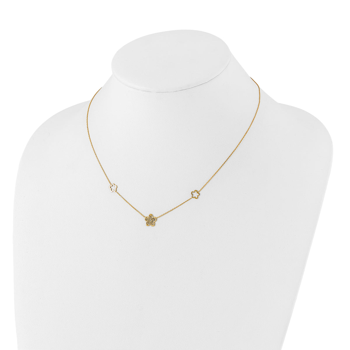 14K Polished and Filigree Flower Stations with 1in. ext. Necklace