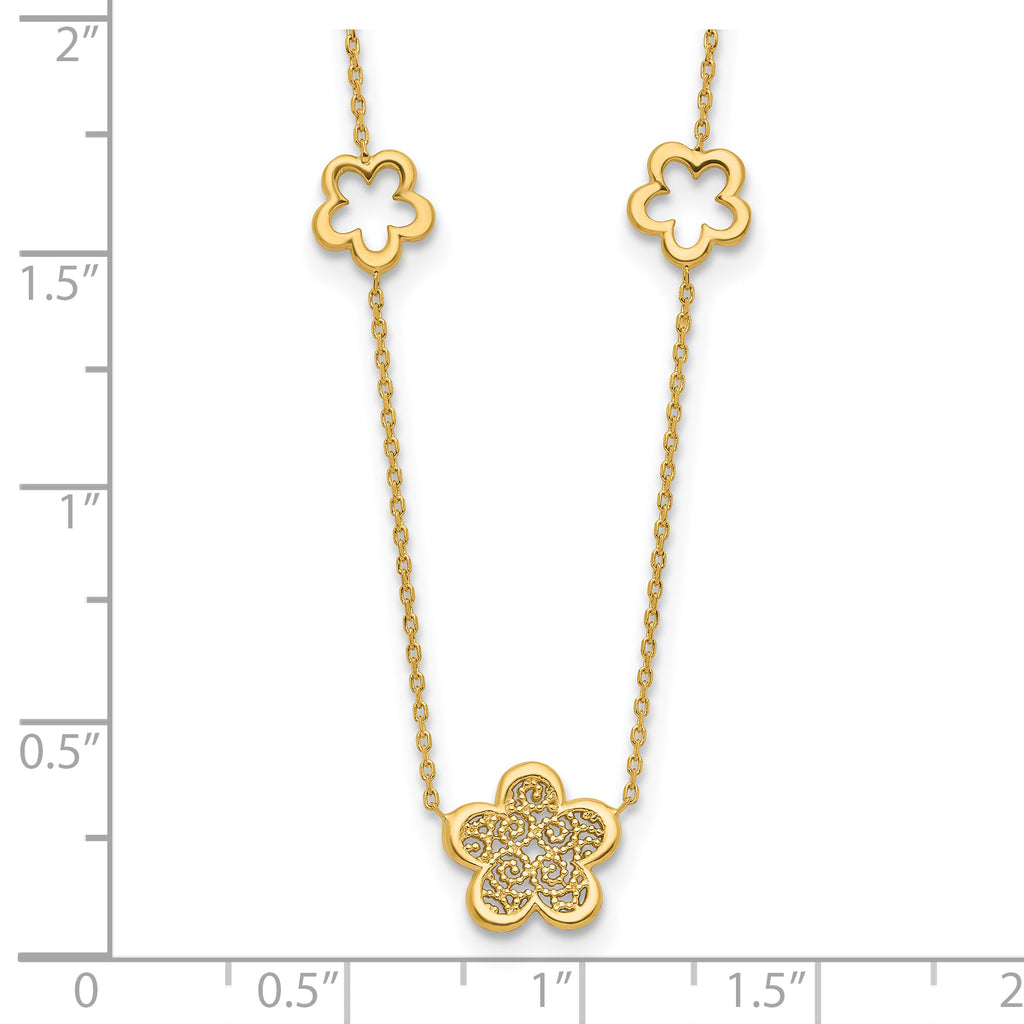 14K Polished and Filigree Flower Stations with 1in. ext. Necklace