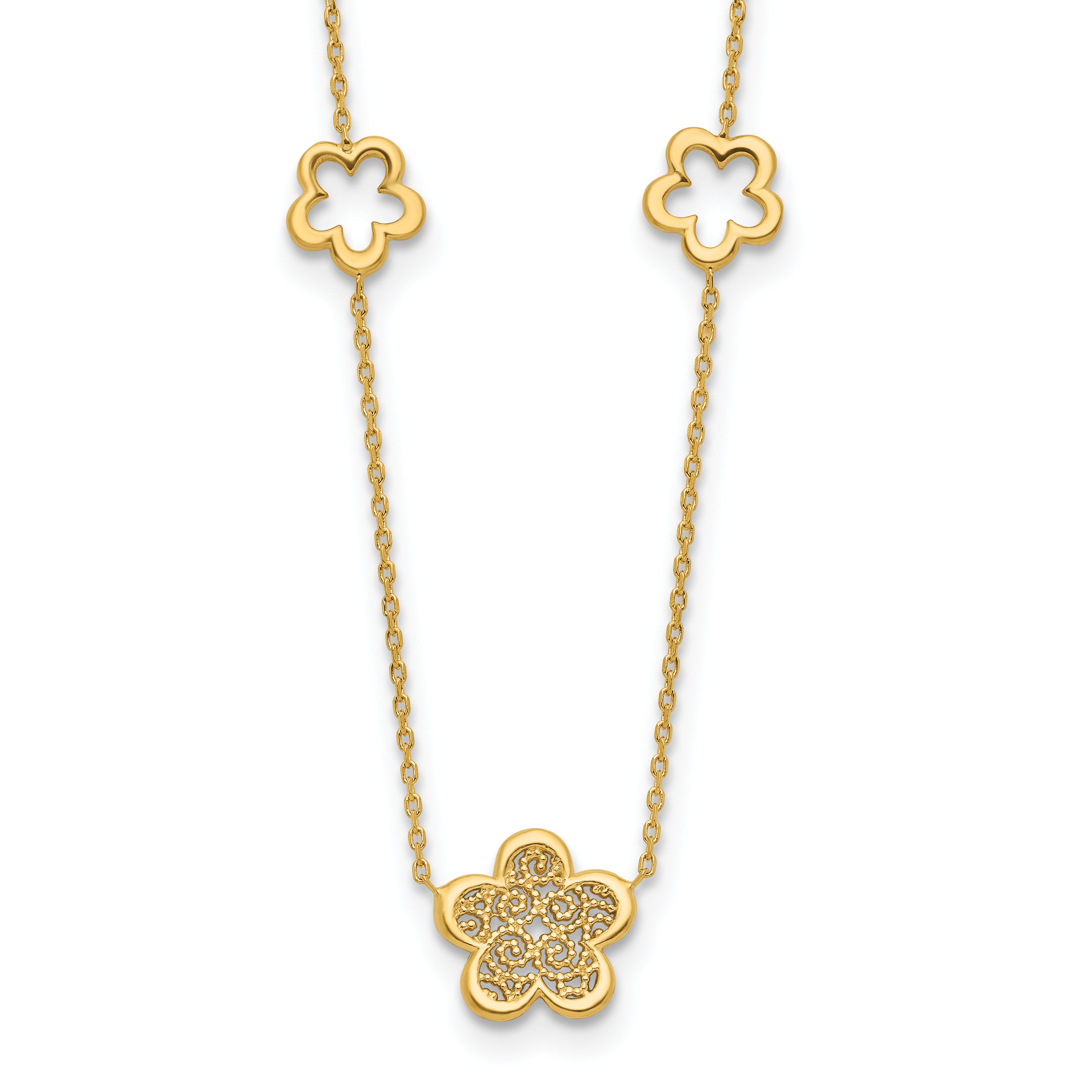 14K Polished and Filigree Flower Stations with 1in. ext. Necklace Secondary image
