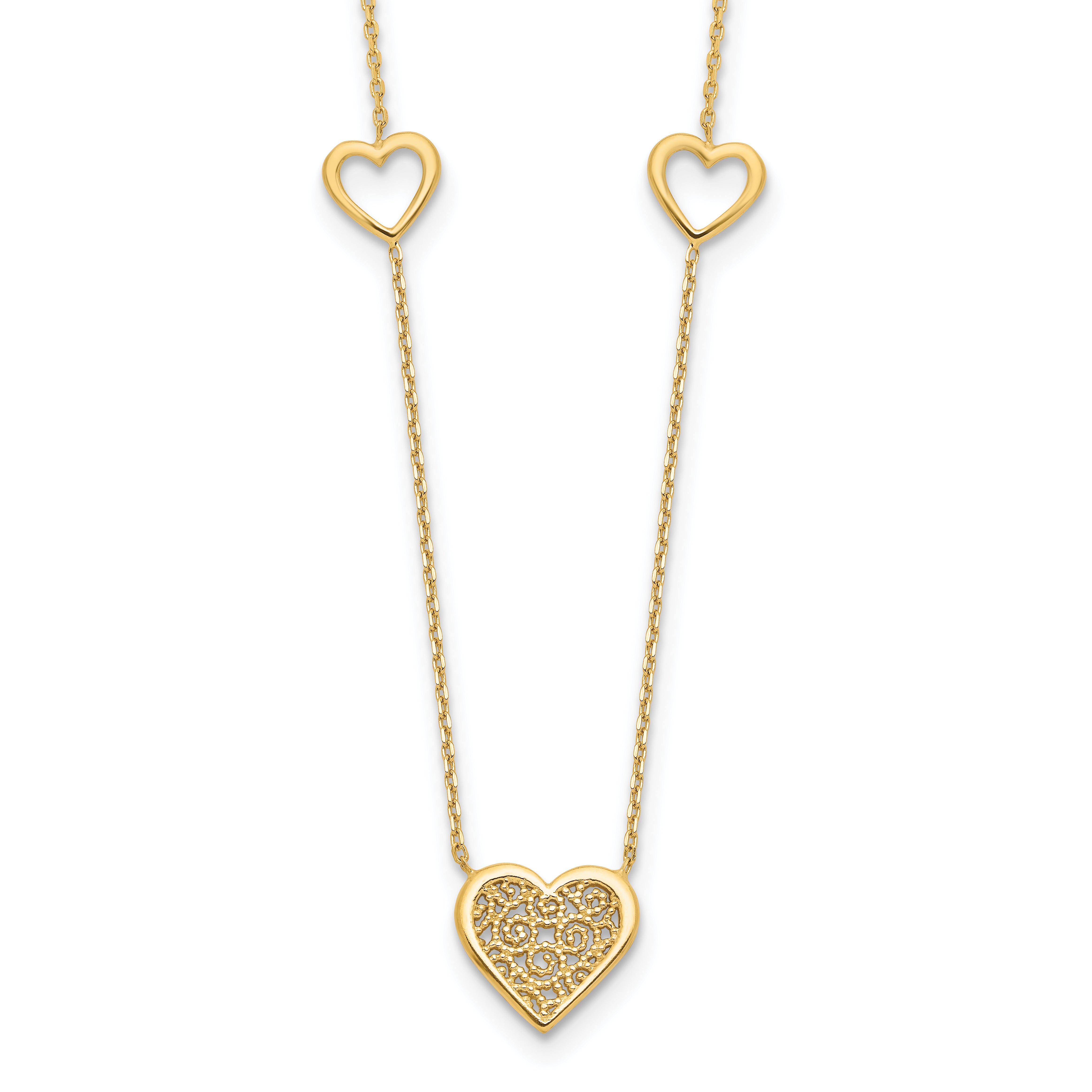 14K Polished and Filigree Heart Stations with 1in. ext. Necklace Secondary image