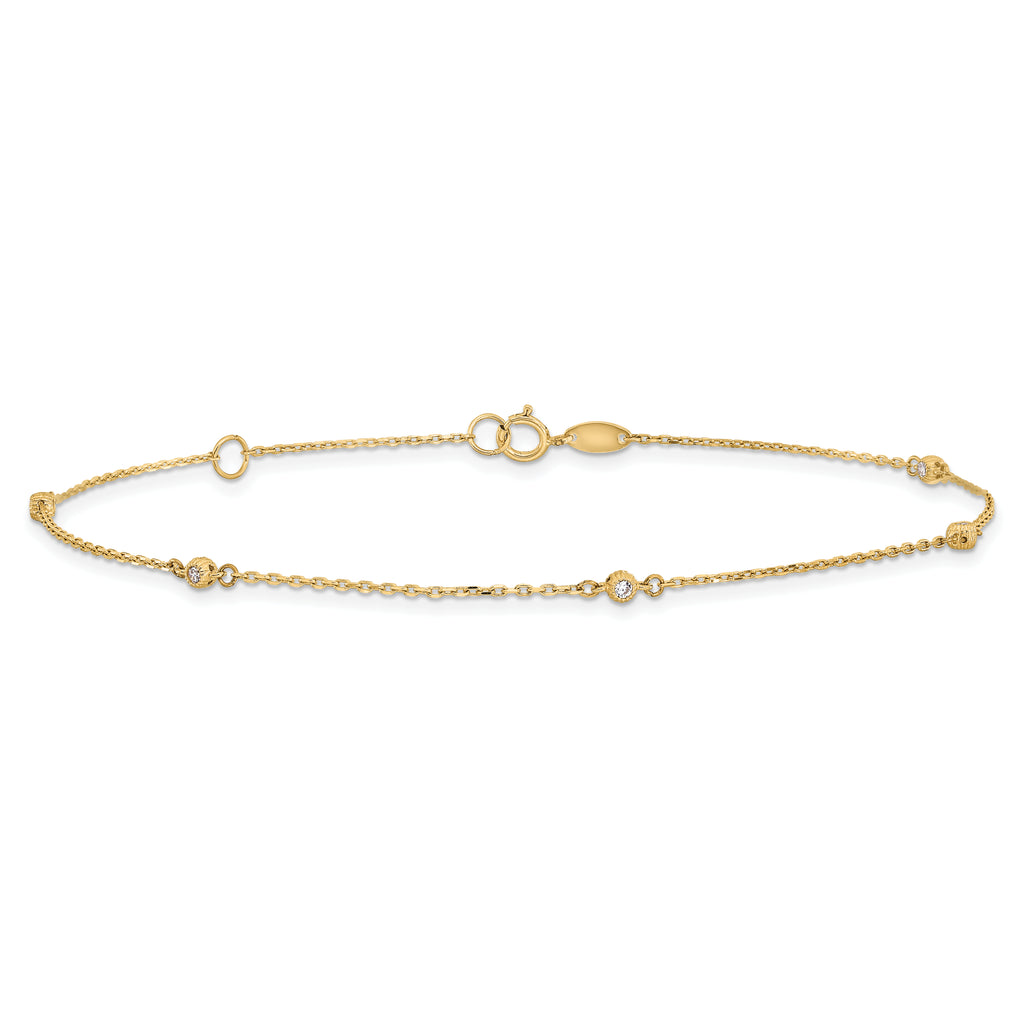 14K Polished CZ Station 9in Plus 1in. ext. Anklet